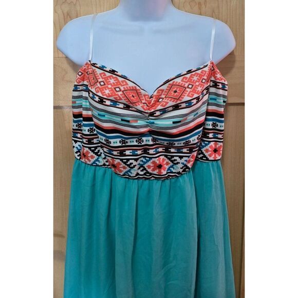 Tribal Print & Teal High-Low Chiffon Dress With Spaghetti Straps By Deb - Small - Picture 2 of 7